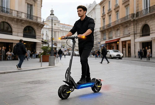 TODIMART electric scooter rider commuting through European city streets