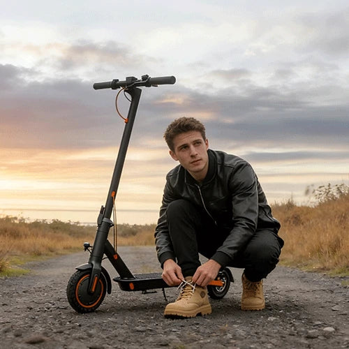 todimart electric scooter rider travelling through a European city at sunset